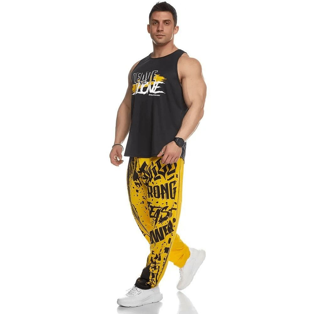 Men's Athletic Drip Print Sweatpants SF1953 - Yellow joggers with graphic design, perfect for gym workouts, polyester, drawstring closure.