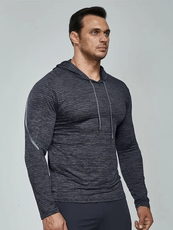 Man wearing Men's Athletic Hooded Running Top with strip line, showcasing breathable and quick-dry features for optimal running comfort.