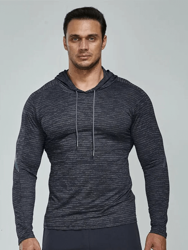 Men's athletic hooded running top with strip line, model SF1943, featuring breathable fabric and quick dry technology.
