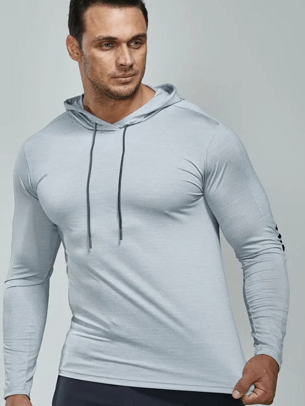 Men's Athletic Hooded Running Top with Strip Line, SF1943, showcasing breathable quick-dry fabric and stylish design.
