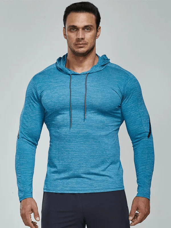 Blue men's athletic hooded running top with strip line, perfect for high-performance workouts, featuring quick-dry and anti-pilling tech.