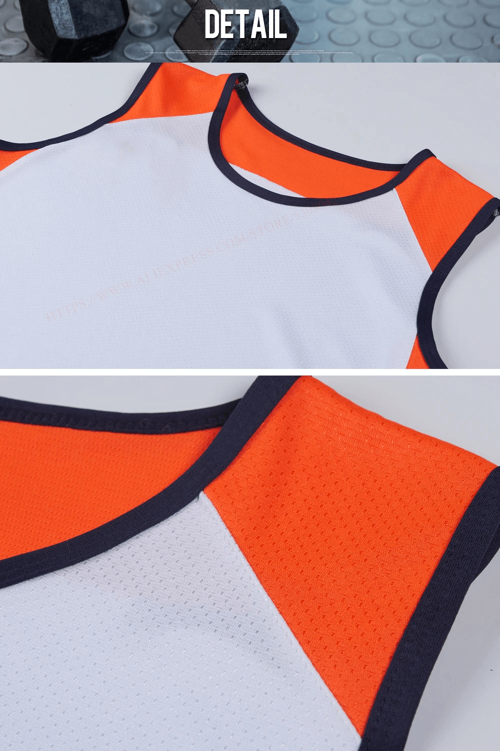 Close-up of Men's Athletic Mesh Tank Top in orange and white, with breathable polyester and O-Neck collar, ideal for running or gym.