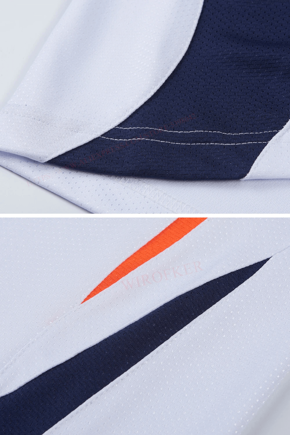 Close-up of men's athletic mesh tank top with breathable polyester fabric and stylish stitch design in navy and white colors.