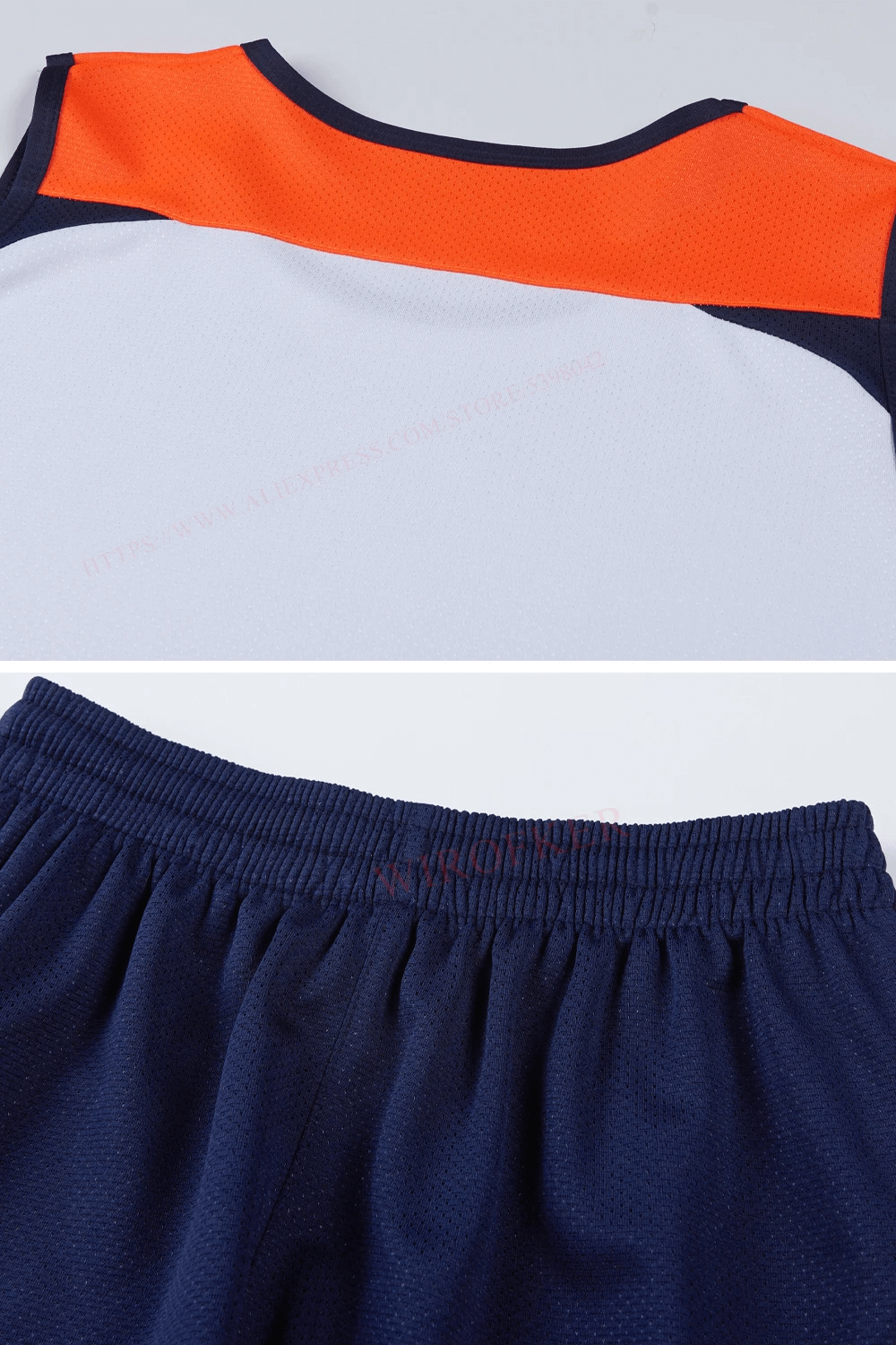 Men's athletic mesh tank top and shorts set in orange and navy, quick-drying fabric for running and sports. Model SF2042 back view.