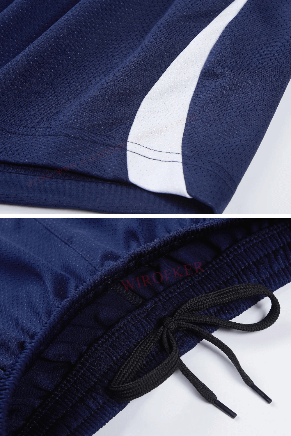 Close-up of men's athletic mesh shorts in navy with white accents and black drawstring, ideal for running and gym workouts.