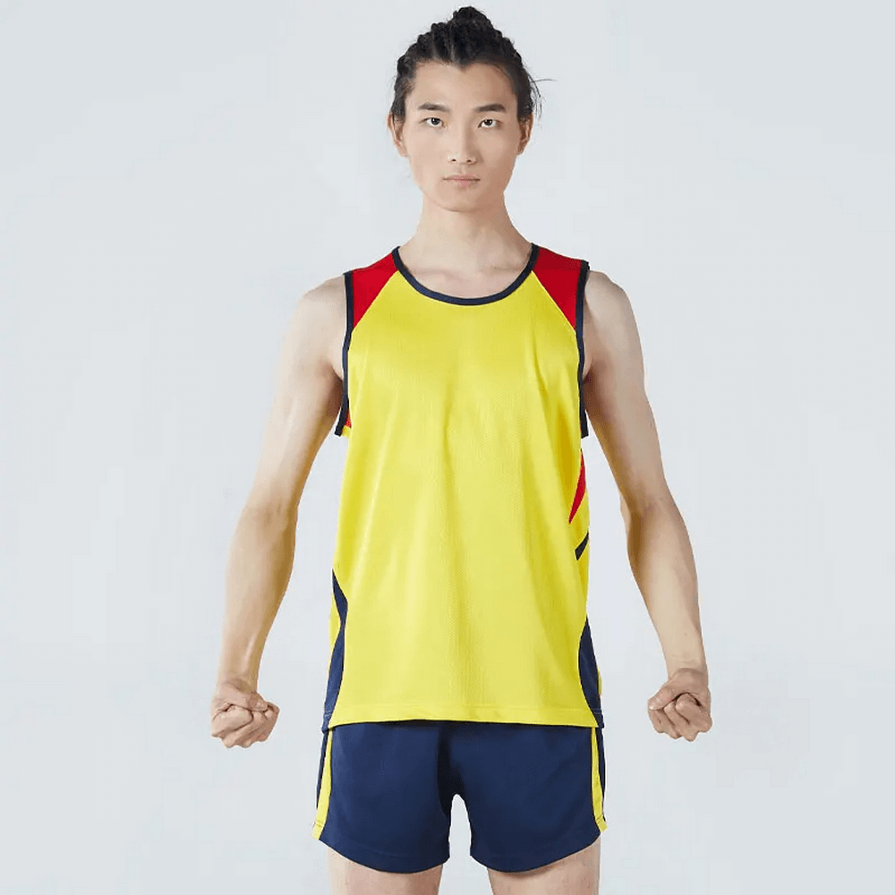 Men's yellow athletic tank top and shorts set for running. Quick-drying and breathable polyester ideal for gym workouts. SF2042.