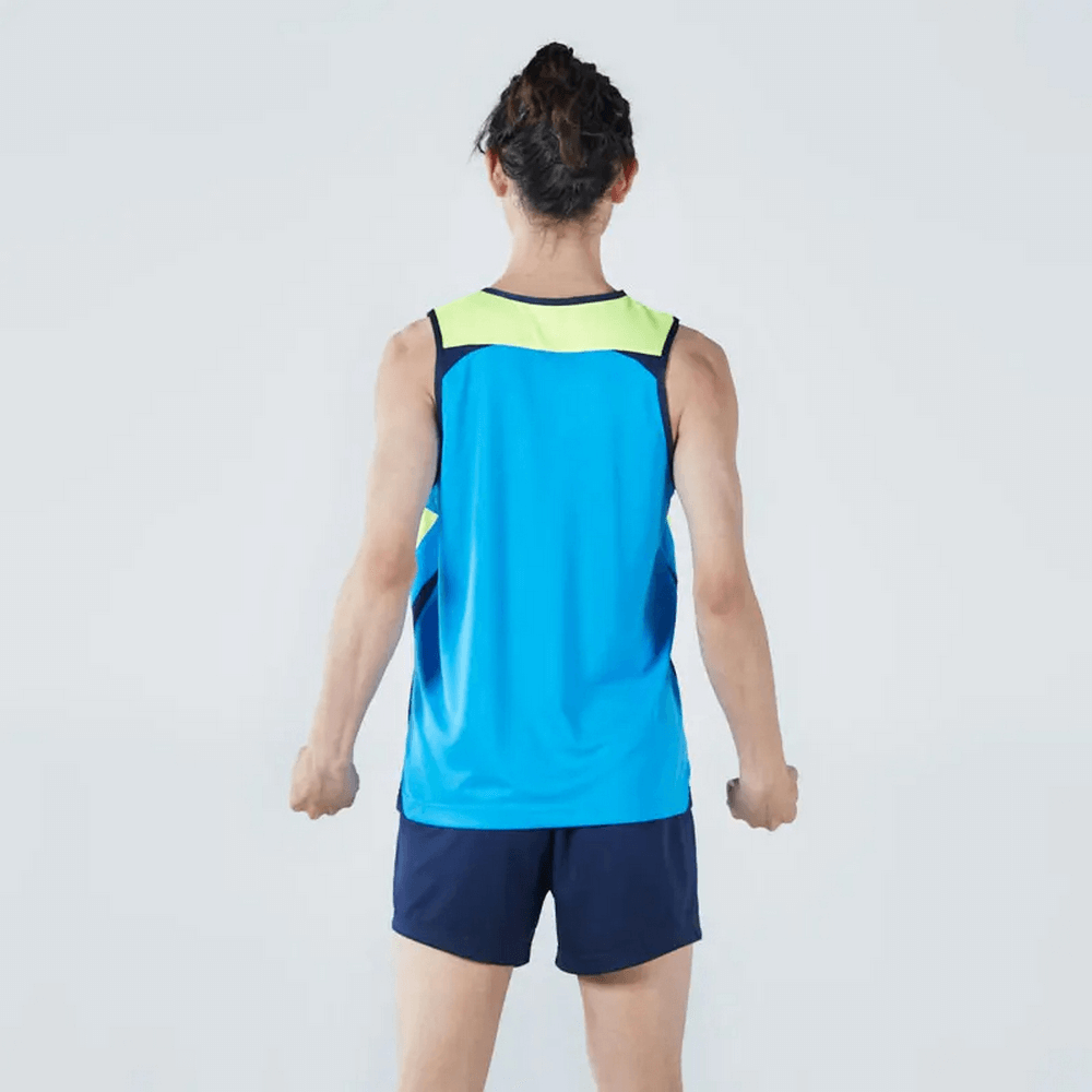Back view of blue and yellow Men's Athletic Mesh Tank Top and Shorts Set SF2042, perfect for running and gym workouts.