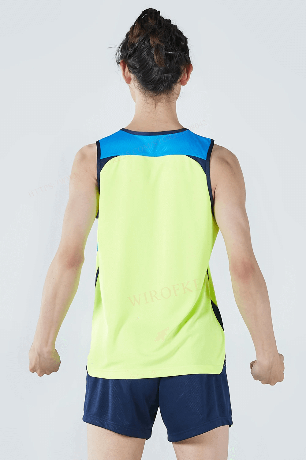 Men's Athletic Mesh Tank Top and Shorts Set in lime and blue, featuring quick-drying polyester for running and gym workouts.