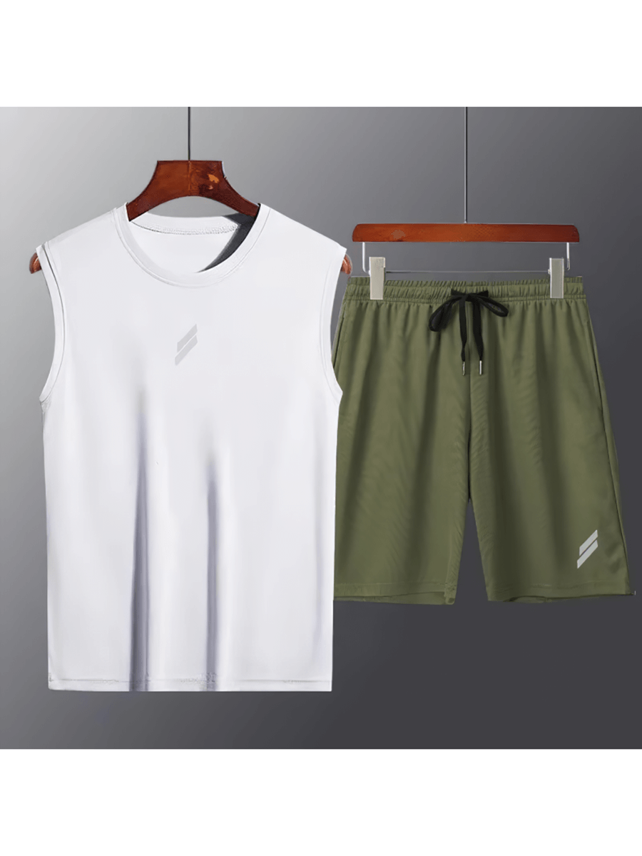 Sleek men's athletic sleeveless shirt and shorts set, SF2036, in white and olive green. Perfect for workout flexibility and comfort.