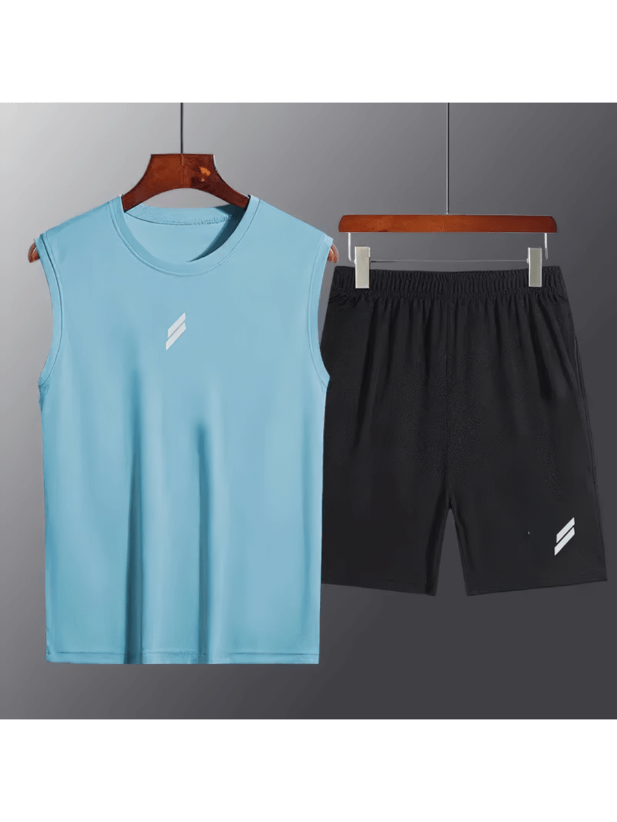 Men's athletic sleeveless shirt and shorts in sleek polyester, blue tank with black shorts, perfect for workouts, style SF2036.