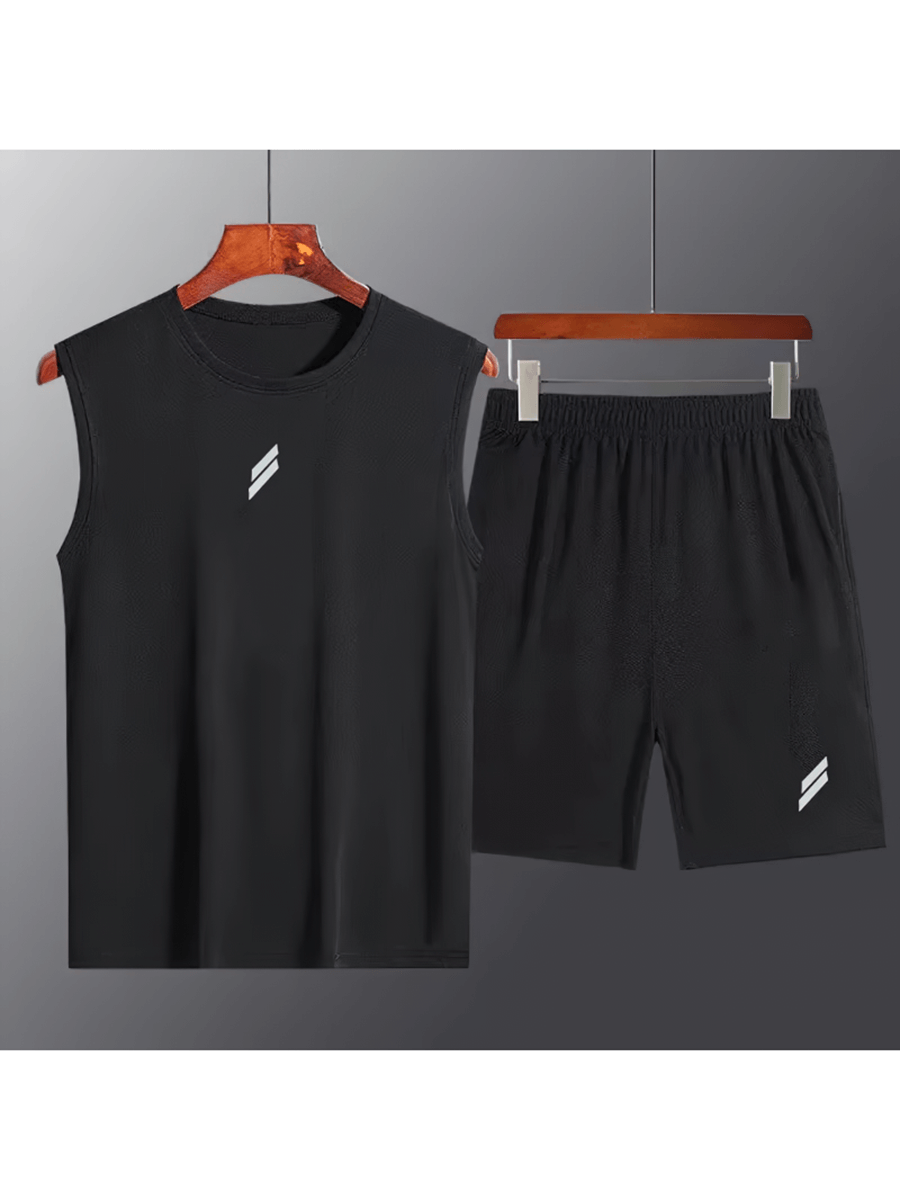 Men's athletic sleeveless shirt and shorts set in black, SF2036, featuring sleek polyester fabric for ultimate workout performance.