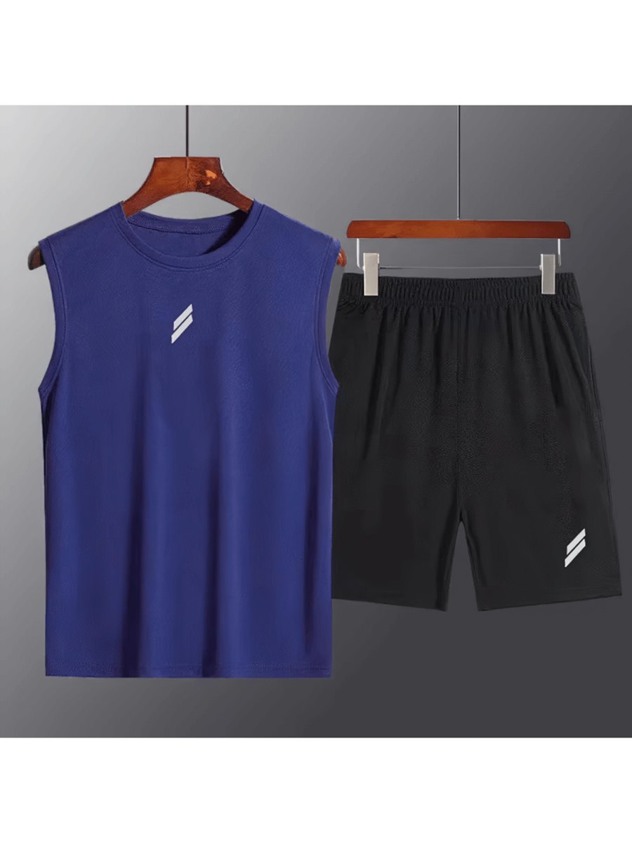 Men's athletic sleeveless shirt and shorts set SF2036 in blue and black, perfect for workouts and gym, polyester material.