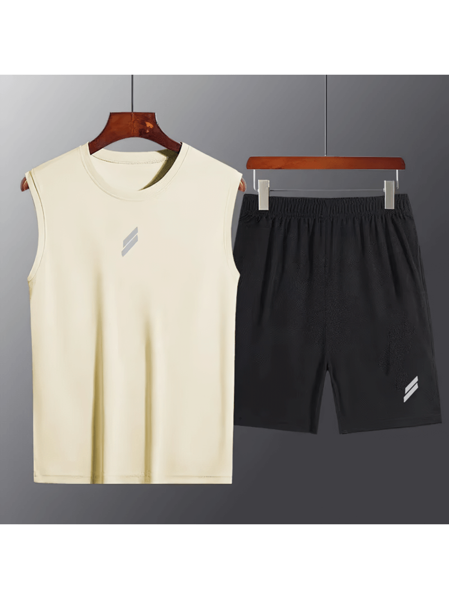 Men's athletic sleeveless shirt and shorts set SF2036, featuring sleek polyester, O-neck tank, and comfortable black shorts.