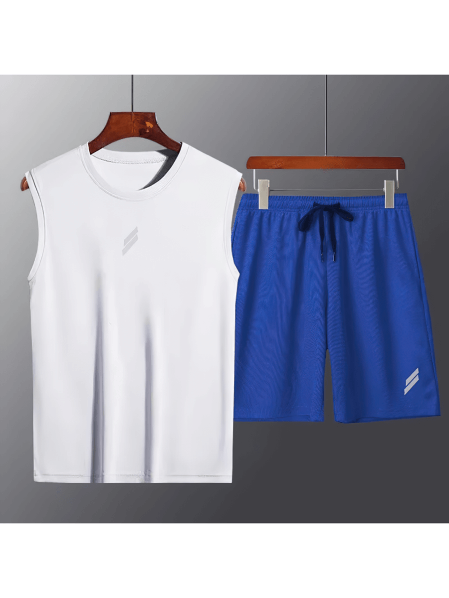 Men's Athletic Sleeveless Shirt and Shorts in white and blue, perfect for workouts. SF2036, sleek polyester for durability and flexibility.