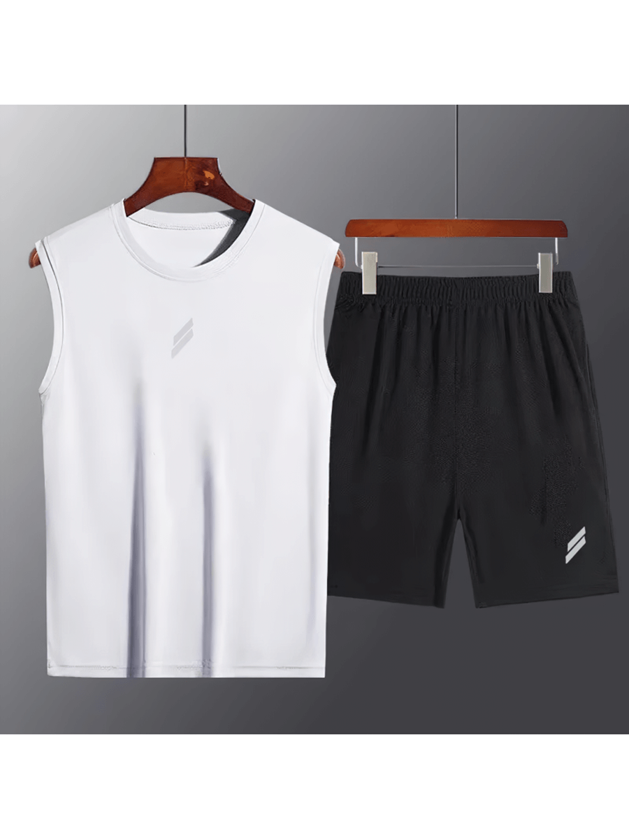 Men's athletic sleeveless shirt and shorts in sleek polyester, featuring a classic O-neck design, ideal for gym workouts. Model SF2036.