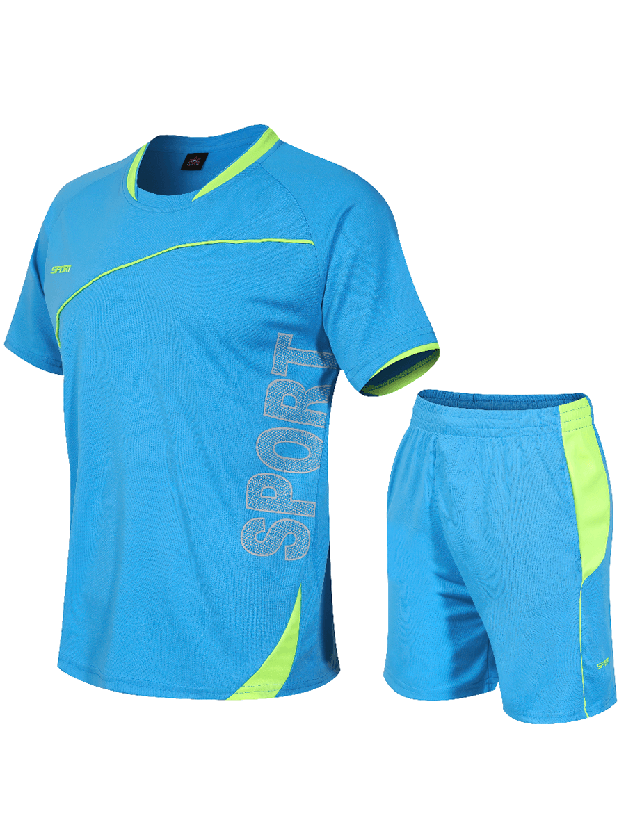 Men's neon blue soccer kit with short sleeves and matching shorts, featuring vibrant letter patterns, ideal for spring/summer games.