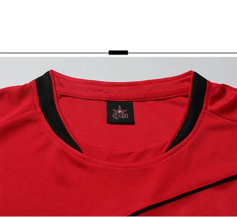 Close-up of red and black O-neck athletic jersey with stylish collar design, showcasing high-quality stitching and fabric texture.