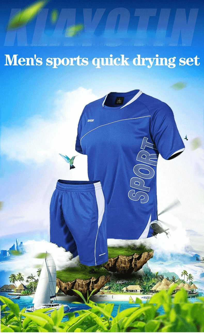 Vibrant blue men's quick-drying sports set with 'SPORT' lettering, featuring matching shorts and jersey, perfect for athletes.