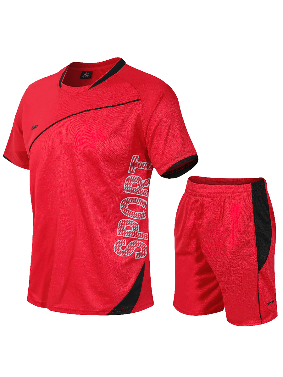 Men's athletic soccer set in neon red with black accents, featuring a short-sleeve jersey and shorts designed for performance and comfort.