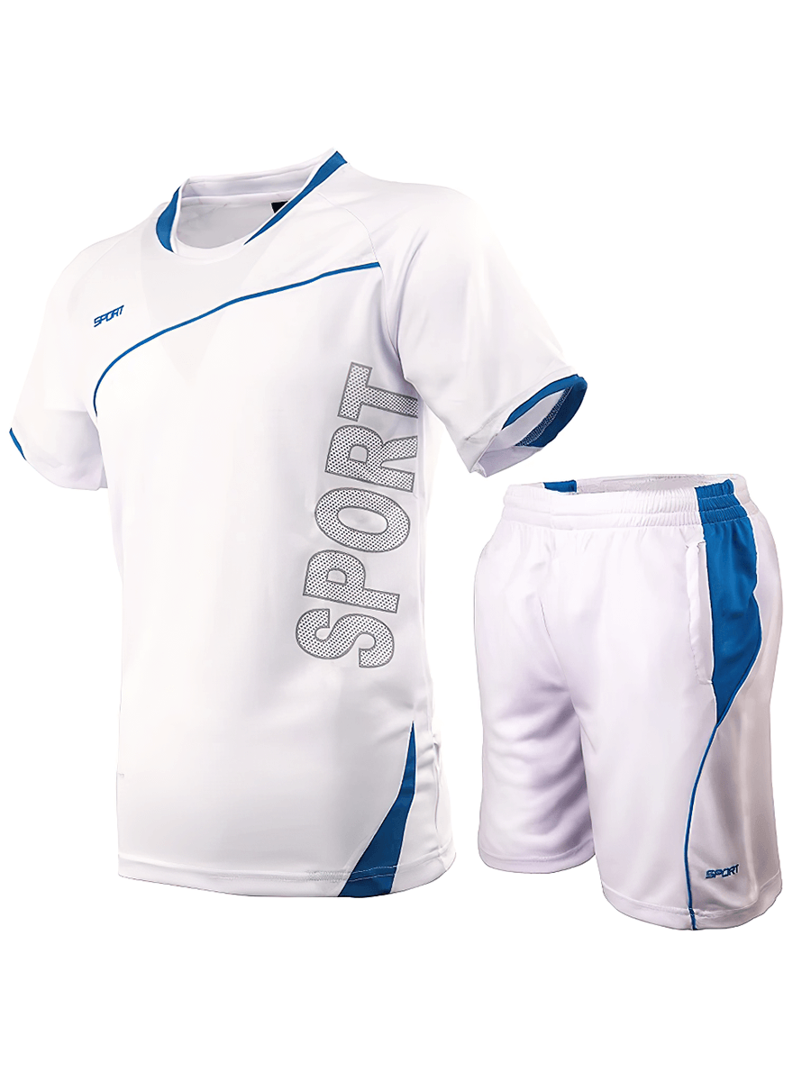 Men's white soccer set with blue accents; breathable performance jersey and shorts perfect for soccer practice and games.
