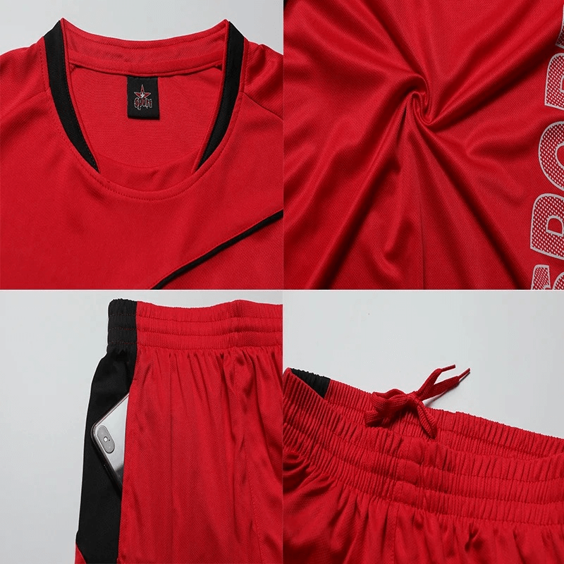 Close-up of men's neon athletic soccer jersey and shorts set, featuring breathable fabric and smartphone pocket, perfect for high performance.