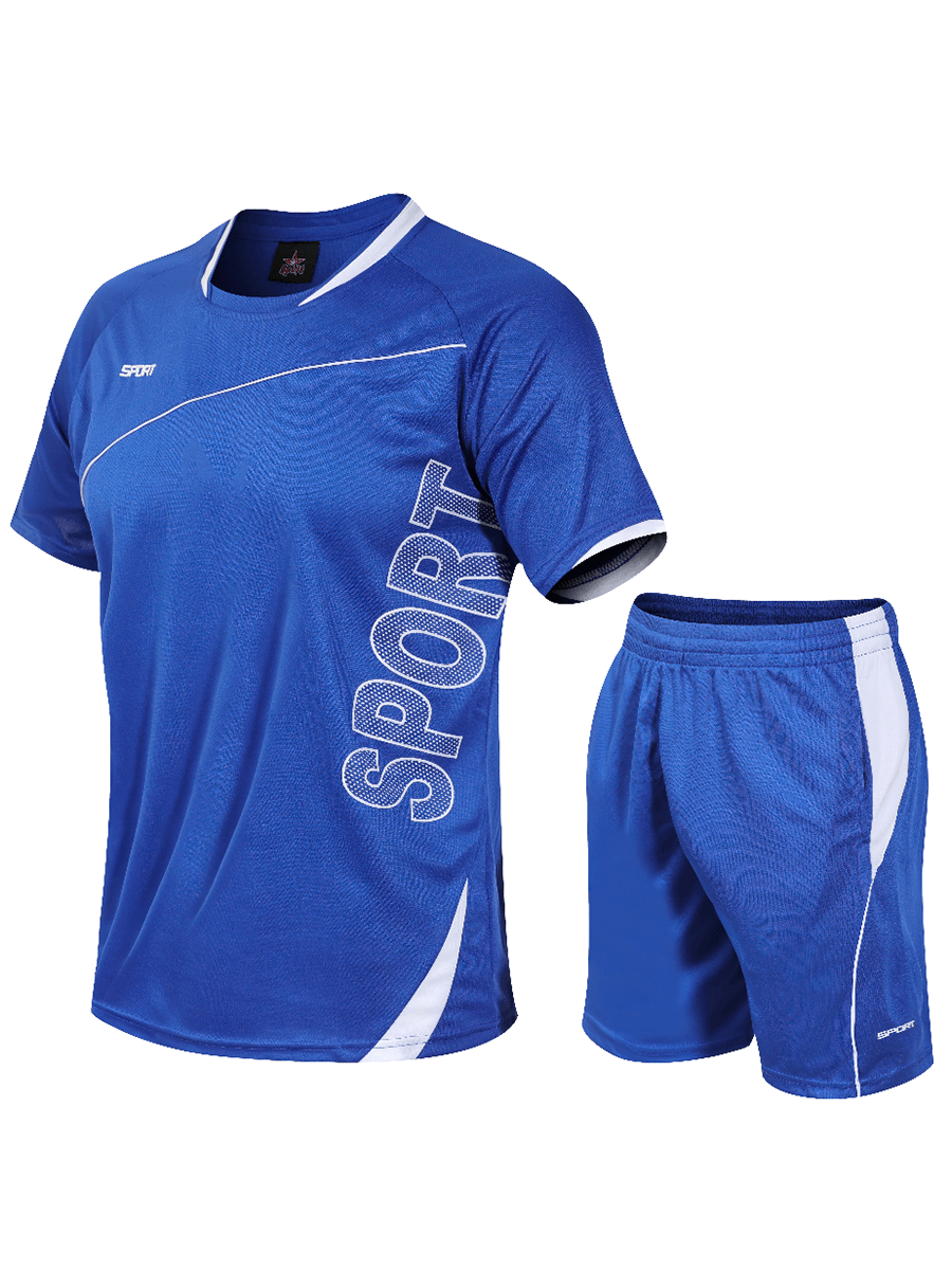 Men's blue athletic soccer set with short sleeves, bold 'SPORT' lettering, and white accents, featuring a jersey and matching shorts.