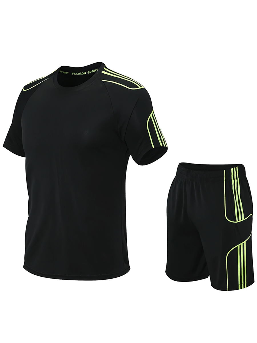 Men's Athletic Stripe T-Shirt and Shorts Set SF2030, stylish black sportswear with neon accents for active lifestyles, quick-dry polyester.