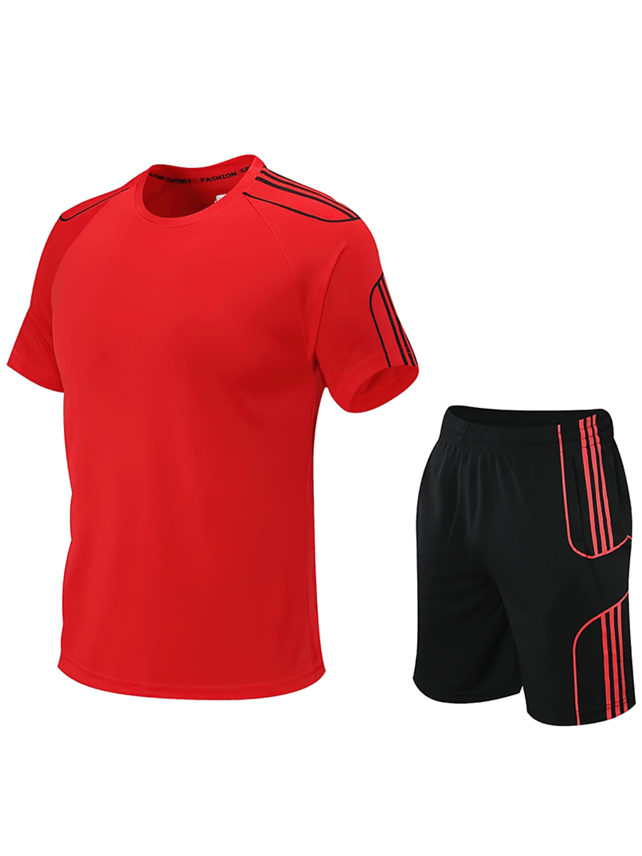 Men's red athletic stripe T-shirt and black shorts set, SF2030. Ideal for active lifestyles, featuring quick-dry polyester and casual stripes.