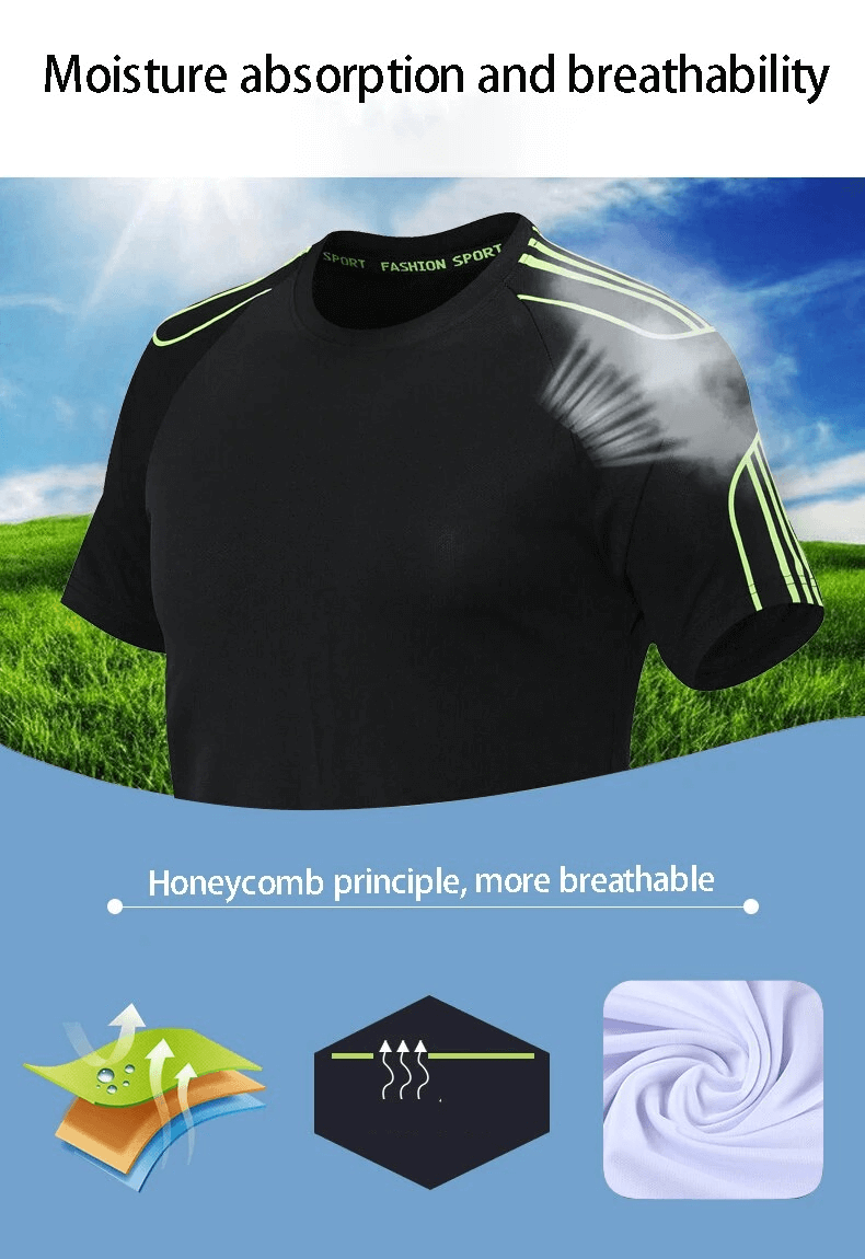 Men's Athletic T-Shirt displaying moisture absorption and breathability with a honeycomb design, ideal for sports activities.