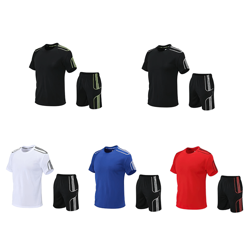 Men's Athletic Stripe T-Shirt and Shorts Set in black, white, blue, and red. Ideal for active lifestyles, featuring breathable, quick-dry fabric.