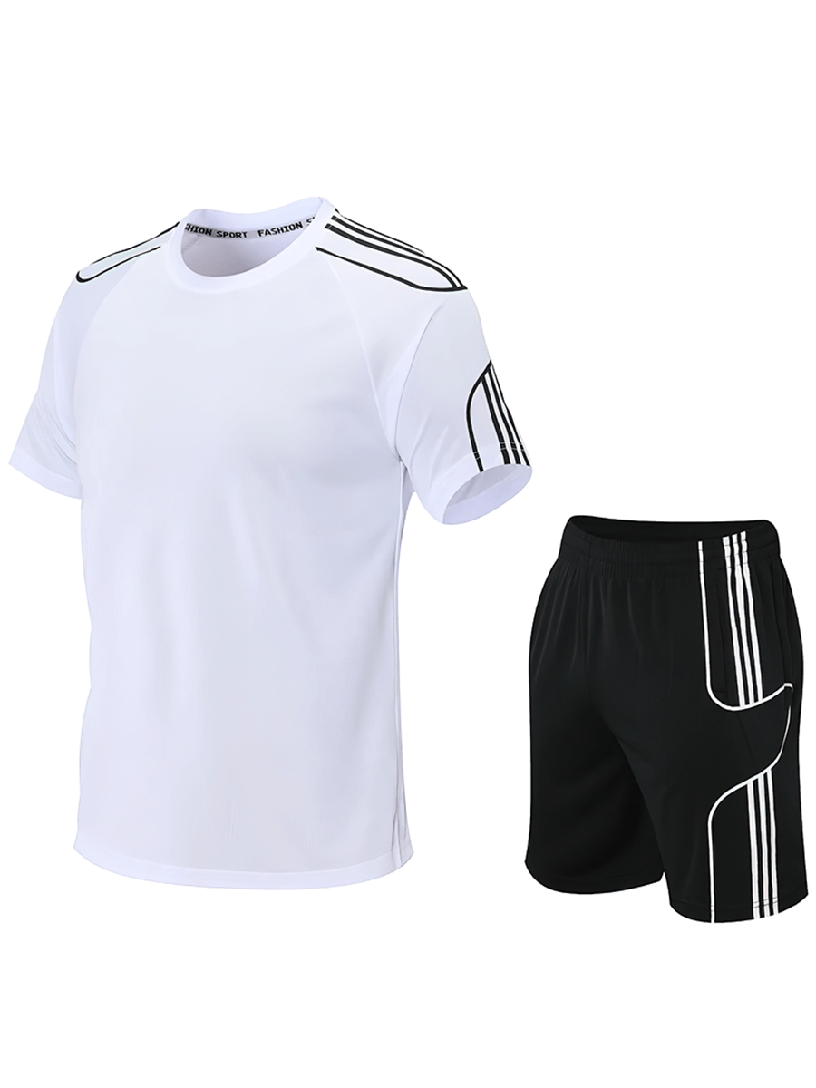 Men's Athletic Stripe T-Shirt and Shorts Set in white and black, featuring a casual sporty design with breathable, quick-dry polyester.
