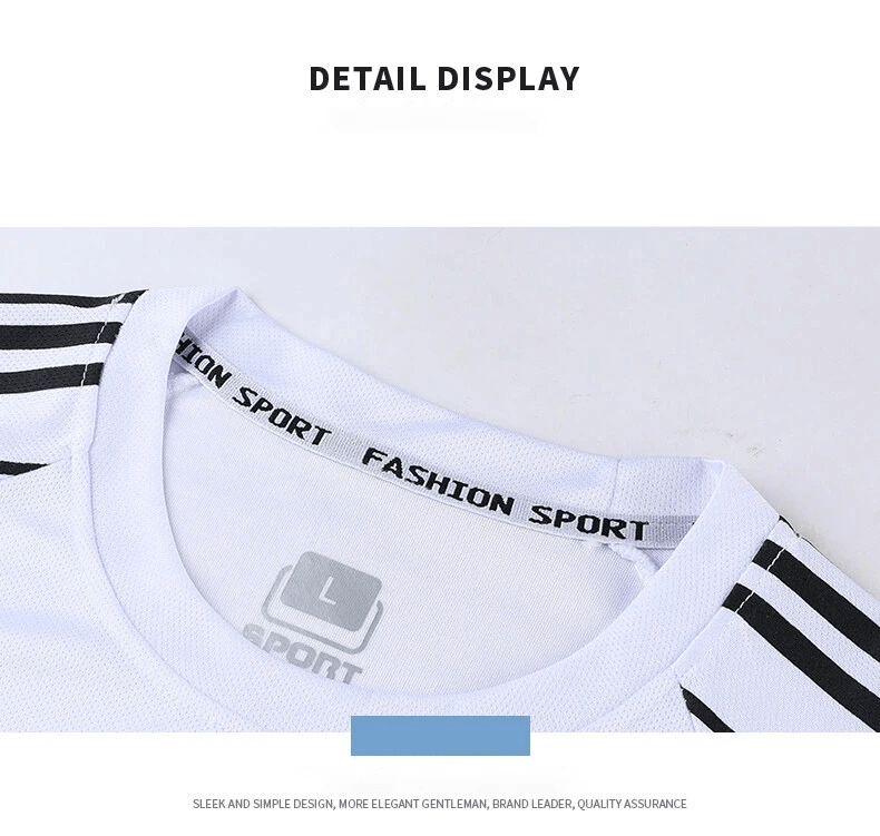 Men's Athletic Stripe T-Shirt detail display with O-neck collar and breathable polyester design.
