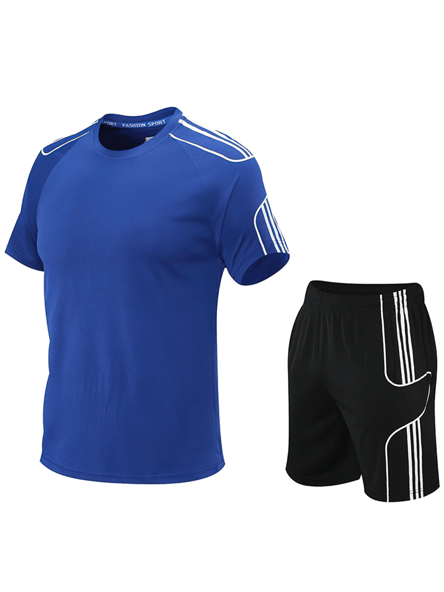 Blue men's athletic stripe t-shirt and black shorts set, perfect for spring and summer sports and active lifestyles.