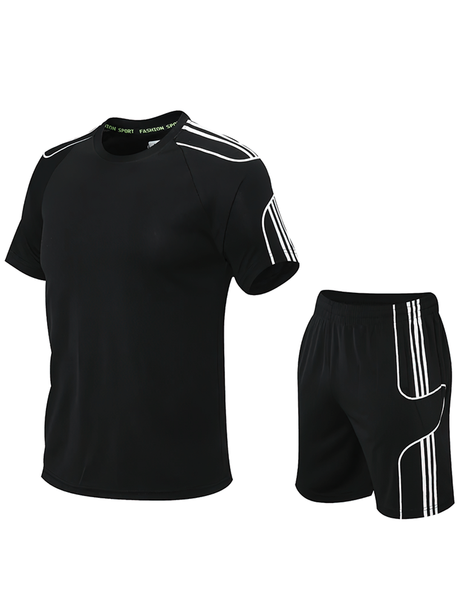 Men's Athletic Stripe T-Shirt and Shorts Set in black, designed for active lifestyles with quick-dry polyester and elastic waist fit.