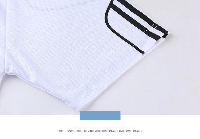 White men's athletic shorts with black stripes, featuring breathable polyester and loose cuffs for comfort and style.