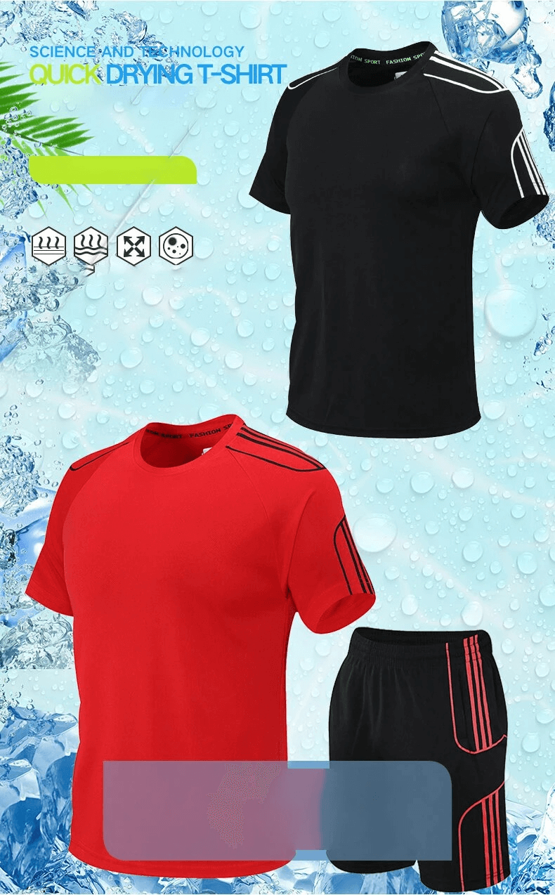 Men's Athletic Stripe T-Shirt and Shorts Set in red and black, featuring quick-dry polyester and elastic waist, ideal for sports.