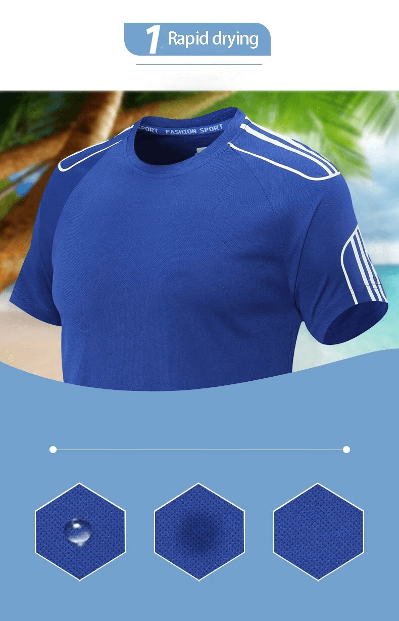 Men's blue athletic shirt with white stripes, featuring rapid-drying polyester fabric, ideal for active lifestyles and casual wear.