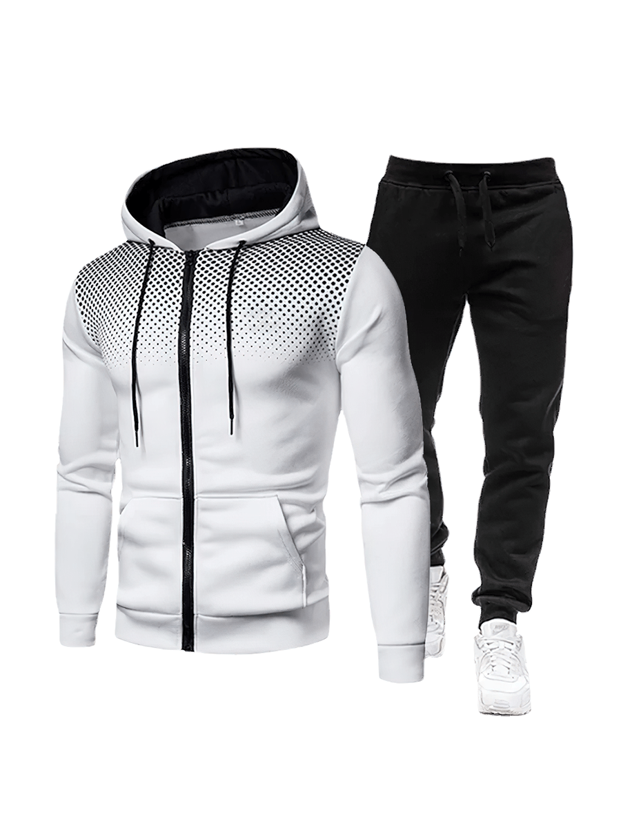 Men's Athletic Tracksuit Set SF2039 with white zippered jacket and black pants, perfect for autumn and winter sporty style.