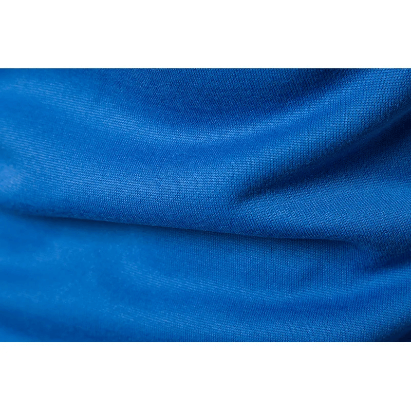 Close-up of blue polyester fabric for men's athletic tracksuit set SF2039, showcasing the smooth and sleek texture ideal for winter wear.
