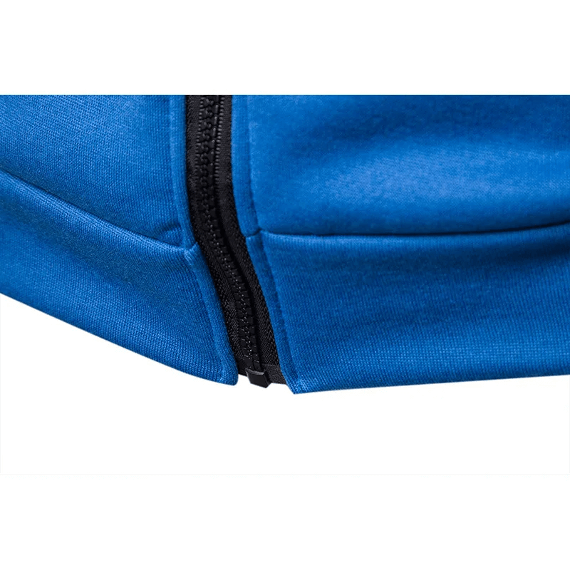 Close-up of blue zip-up jacket, part of men's athletic tracksuit SF2039, showing quality polyester fabric and sleek design.