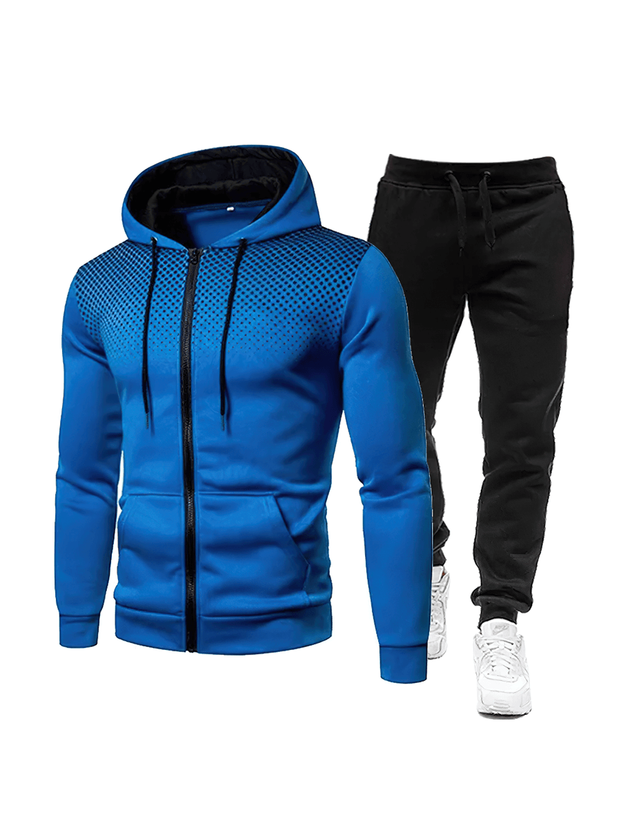 Men's blue athletic tracksuit set with zippered hoodie and black pants, perfect for autumn and winter sporty style.
