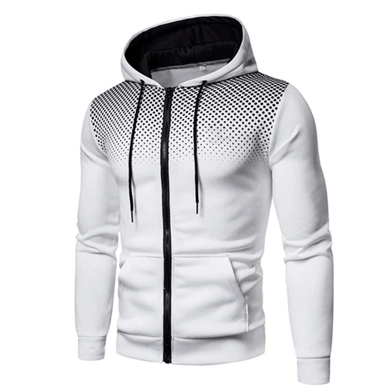 Men's Athletic White Hoodie with Black Zipper and Dotted Pattern, Part of Tracksuit Set SF2039, Perfect for Casual Sportswear.