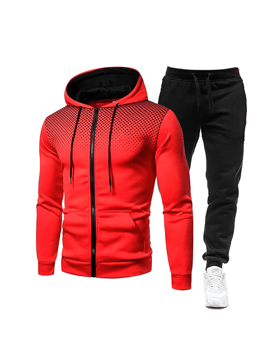 Men's Athletic Tracksuit Set SF2039 - Red zippered jacket and black pants for active lifestyles. Sleek and stylish for Fall and Winter.