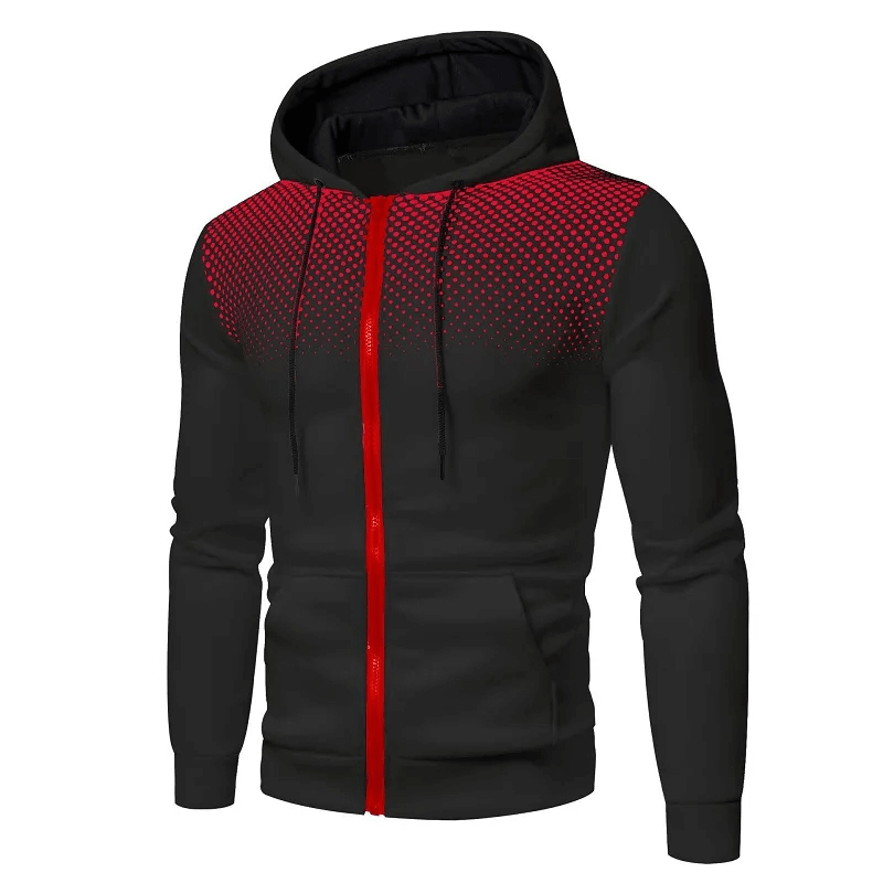 Men's black and red athletic hoodie, zippered, perfect for sporty and casual wear.