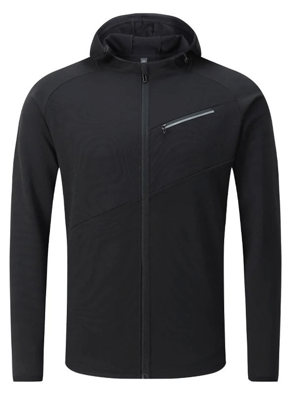 Men's Athletic Zip-Up Hooded Jacket in black, featuring breathable microfiber and spandex material for running. Anti-pilling design.