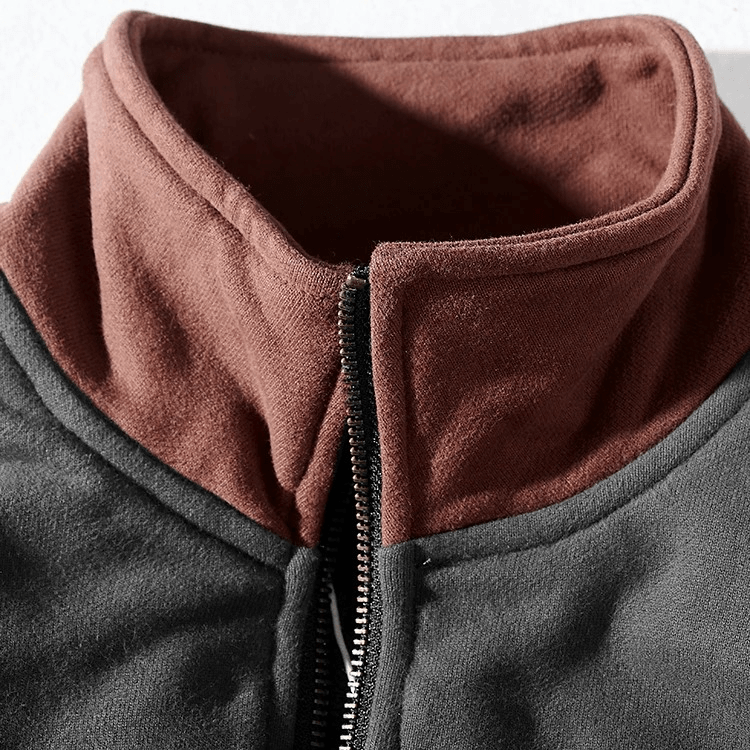 Men's turtleneck sweatshirt featuring a stylish brown and grey patchwork design, ideal for autumn and winter wear.