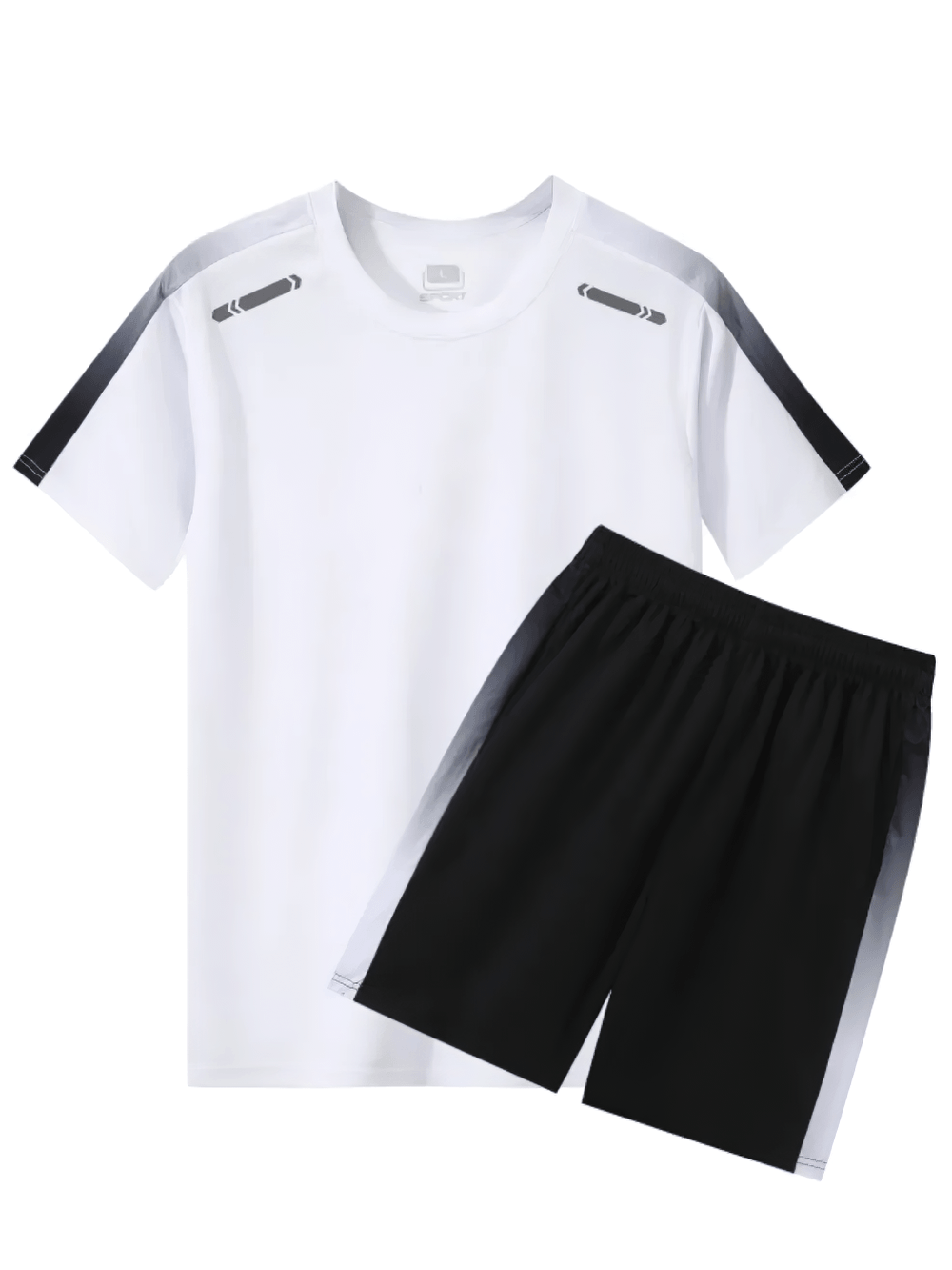 Alt Tag: Men's Badminton Training T-Shirt and Shorts Set - SF4485 white athletic tee with black shoulder accents and black shorts