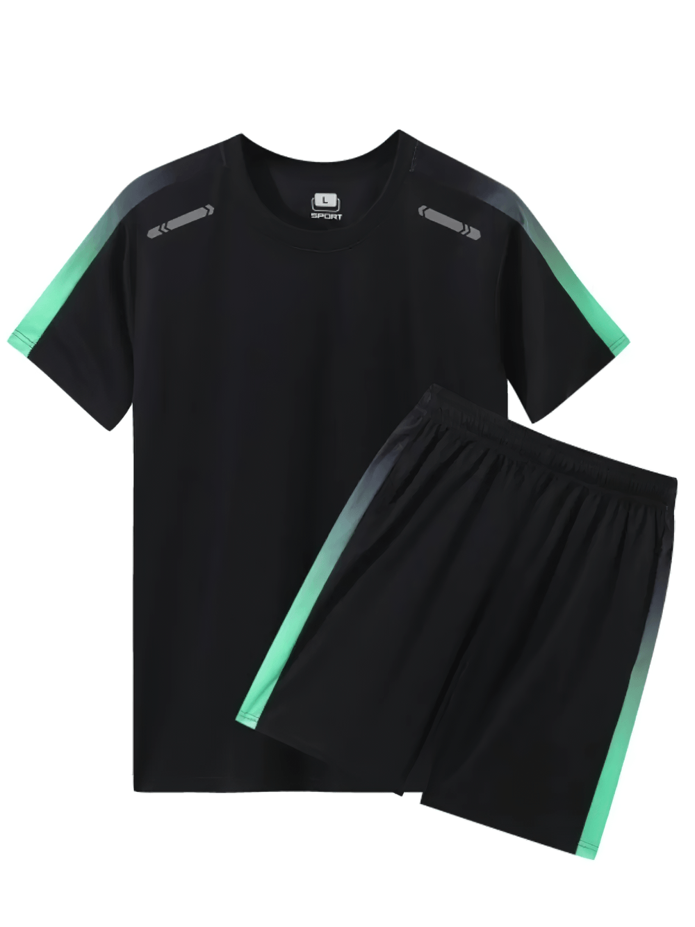 Alt Tag: Men's Badminton Training T-Shirt and Shorts Set - SF4485 black tee and shorts with mint green side panels