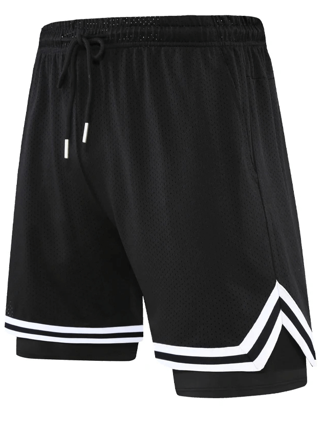 Men's black basketball shorts with white stripes, featuring double-layer mesh for breathability, ideal for training and games.