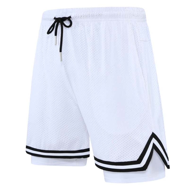 White double-layered men's basketball shorts with black stripes, ideal for training and games; breathable mesh design for high performance.